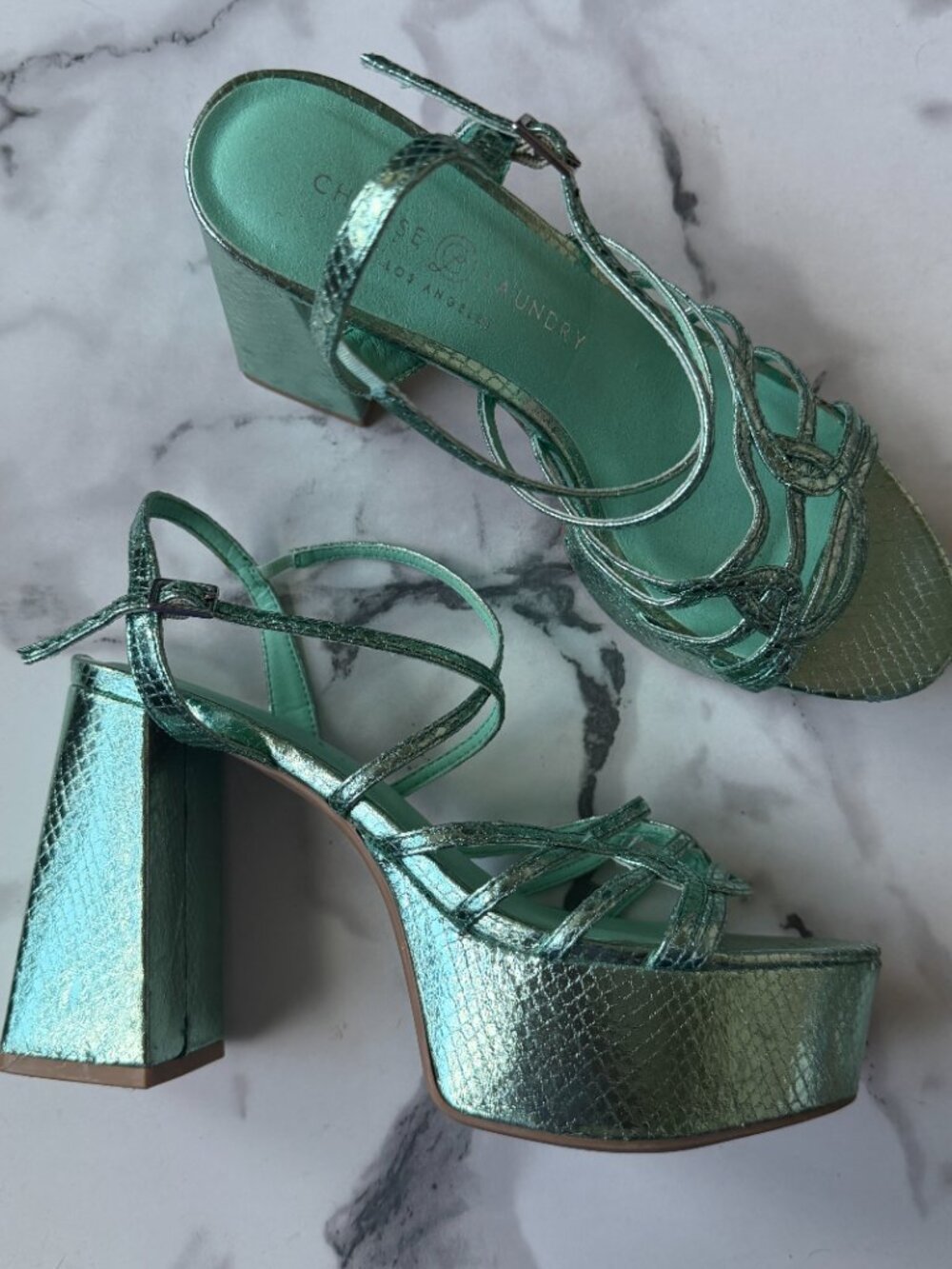 Chinese Laundry Lulu's Mint Metallic Platform Heels NEW Size 7.5